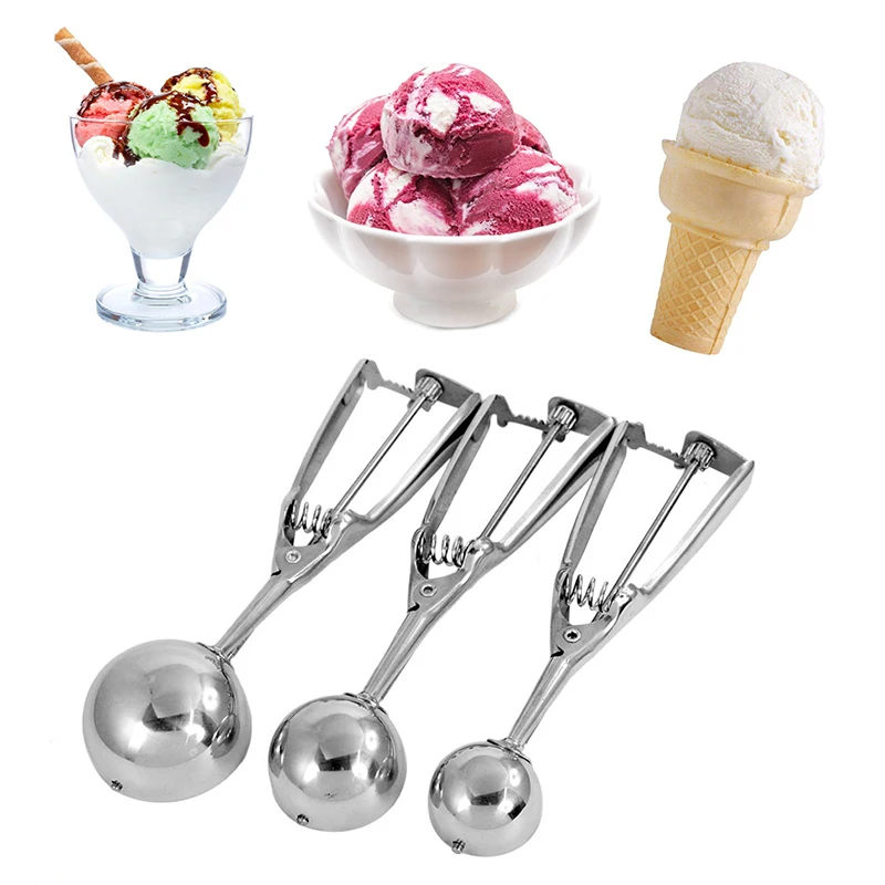 Cuchara de helado de acero inoxidable, 1 unidad, cobertizo de patatas, gelatina, sandía, galletas, mango de primavera, cuchara, accesorios de cocina