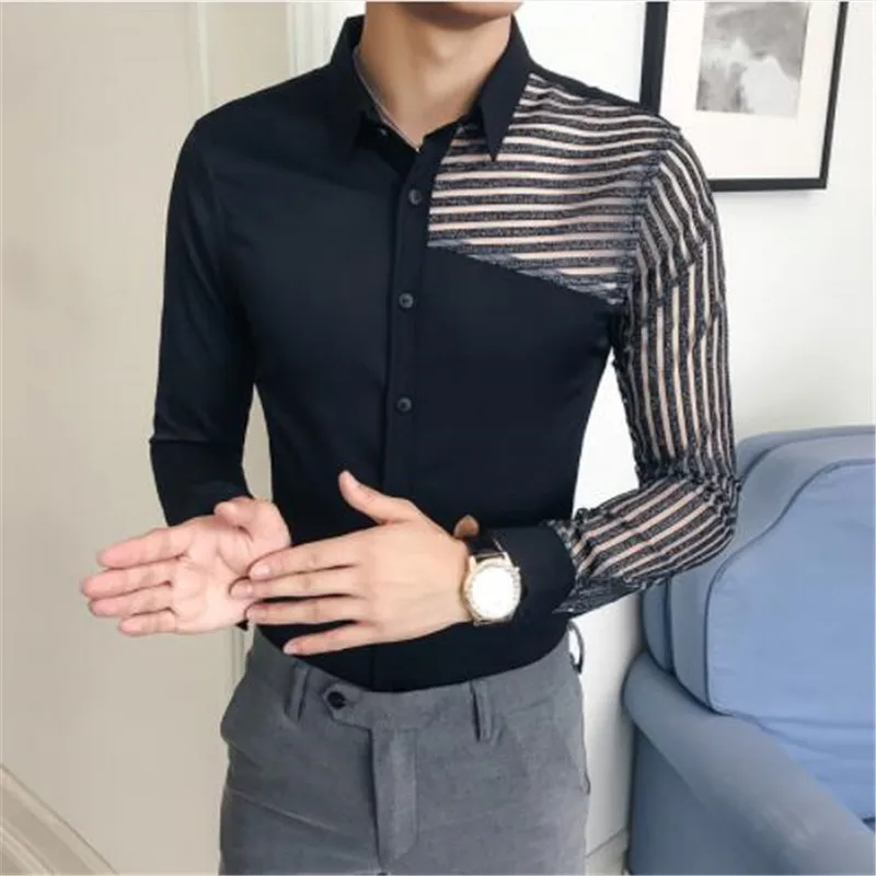 Camisa Masculina прозрачные кружевные полые мужские рубашки с длинным рукавом Весна мужские Рубашки повседневные облегающие рубашки для ночного клуба
