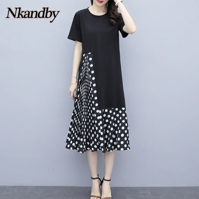 Nkandby-vestido de talla grande para mujer, vestido elegante de manga corta de retazos de lunares de corte a, vestidos holgados de Cuello redondo plisado 2021