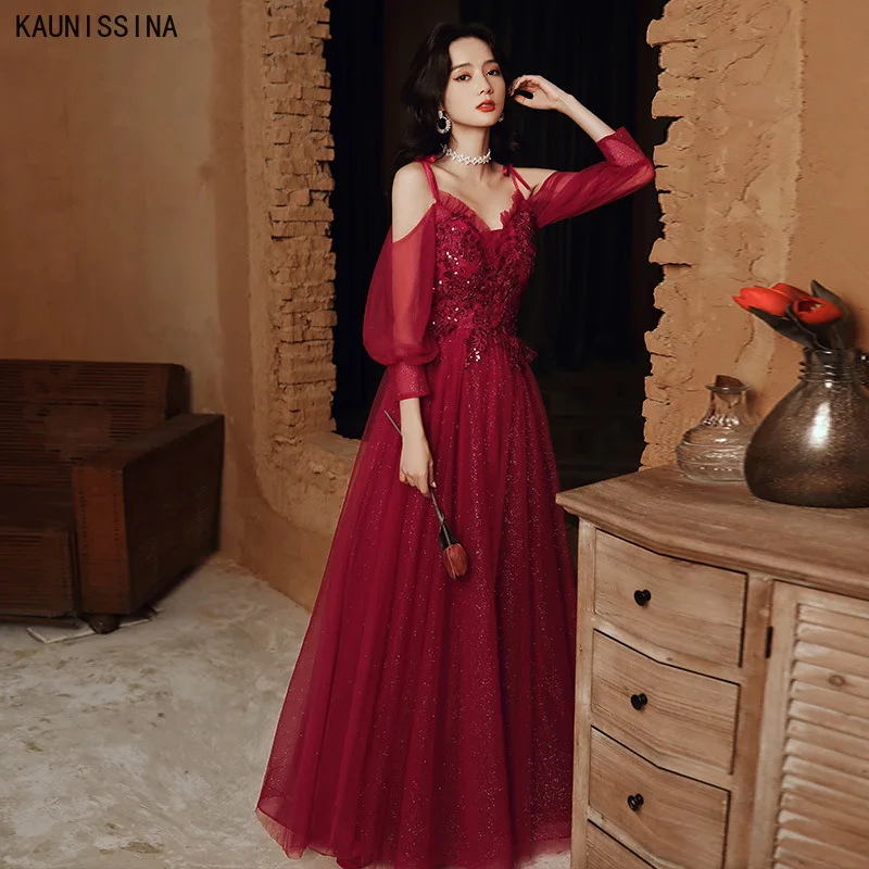 

Fashion Wine Red Long Evening Dress Party Sexy Strap A-line Formal Vesitos Special Occasion Prom Dresses Evening Gowns for Women