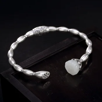 

S925 pure silver natural and hetian jade lotus canopy bracelet retro personality Chinese wind joker for women for women