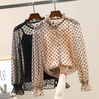 

Blouse Woman 2020 Spring New Fashion Women's Fashion Polka Dot Mesh Lace Shirt Blouses Tops Blusa Feminina Twopiece Nancylim