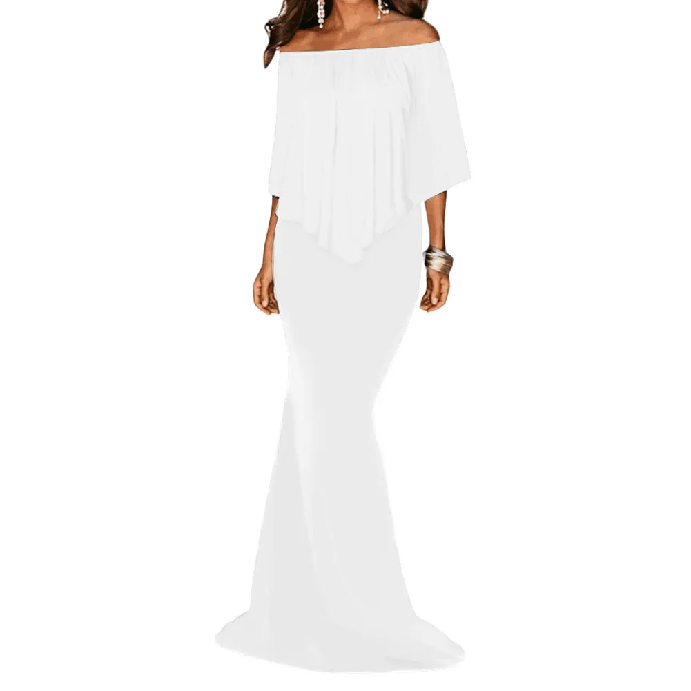 

Shi ying Europe And America Elegant Formal Dress Solid Color off-Shoulder Horizontal Neck Flounced Short Sleeve Plus-sized Dress