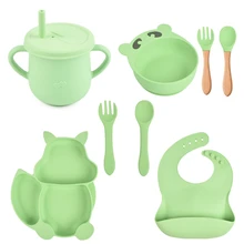 Bavoir en Silicone pour bébé, assiette à dîner divisée bol à ventouse cuillère fourchette paille tasse ensemble formation alimentation ustensile de table 8 pièces 