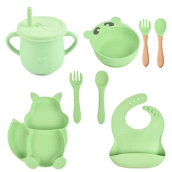 8 Pcs Baby Silicone Bib Divided Dinner Plate Sucker Bowl Spoon Fork Straw Cup Set Training Feeding Food Utensil Dishes Tableware