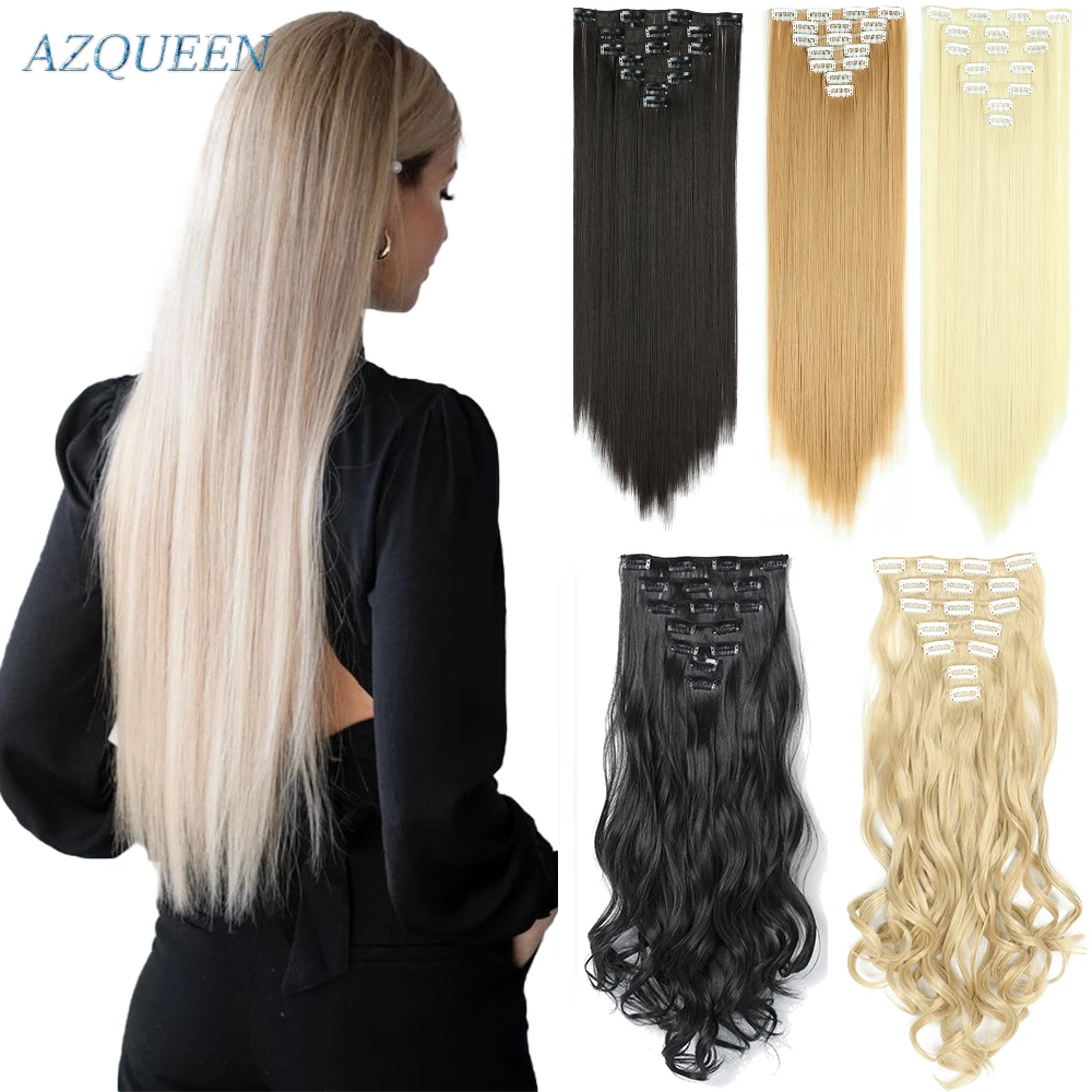 Hairpiece Extensions-Clips Synthetic-Hair Brown Black Straight Long AZQUEEN in 140G High-Temperature-Fiber