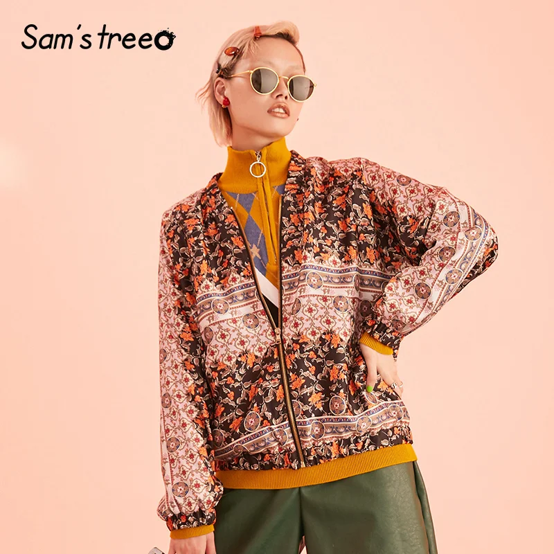 Samstree винтажное Женское пальто с цветочным принтом, осень, новая уличная мода, женские куртки, Повседневная Свободная одежда для офисных леди