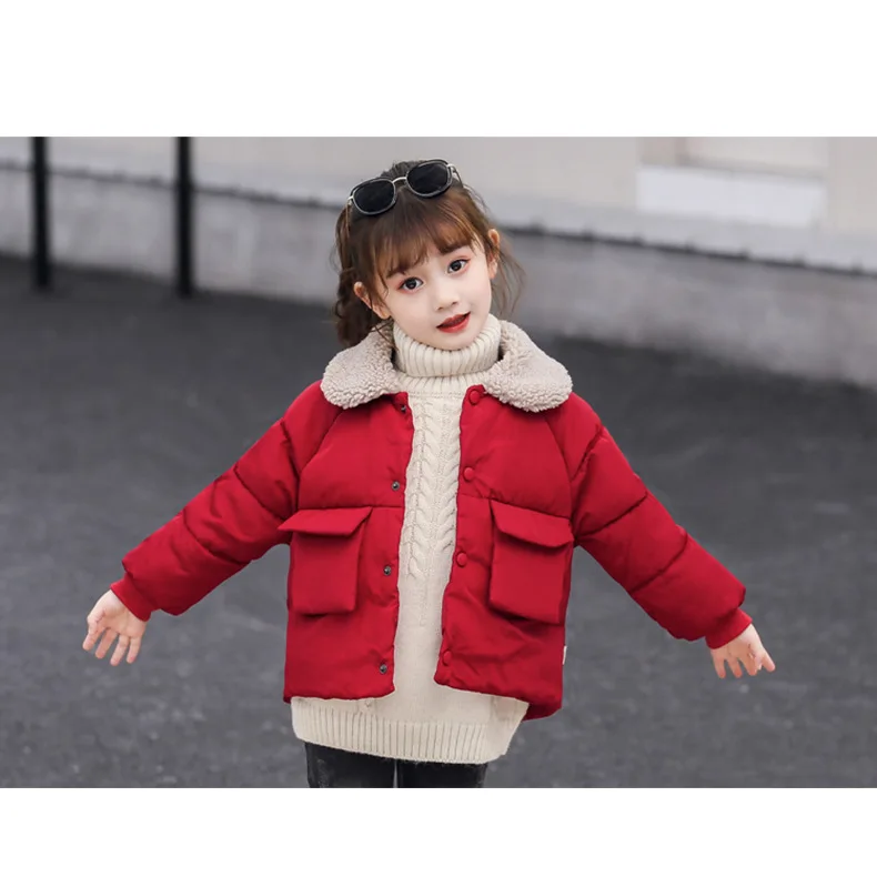 Новая Корейская версия зимней детской одежды детская хлопковая утепленная однотонная пуховая куртка с отворотами для девочек - Цвет: Красный
