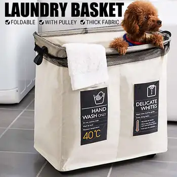 

Waterproof Laundry Basket With Pulley Laundry Hamper Foldable Dirty Cloth Basket Bathroom Storage 2 Grid For Home