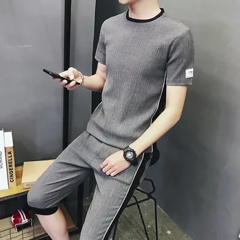 

L 2018 New Style Men's Short-sleeved T-shirt Summer Flax Set Men's Wear Korean-style Trend