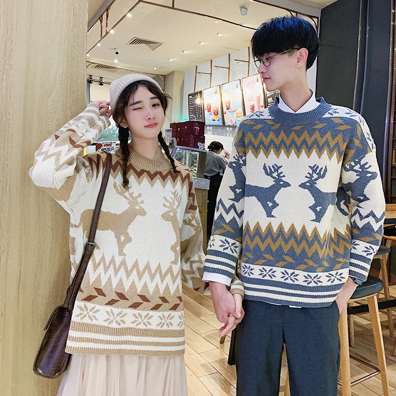 Свитер для пары с рождественским оленем; трикотажная одежда; Модная одежда в Корейском стиле для влюбленных женщин; Одинаковая одежда для всей семьи