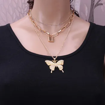 

Hip Hop Gothic Punk Chain Butterfly Lock Pendant Necklace Jewelry For Women Retro Chains Choker Fashion Necklace Accessories New