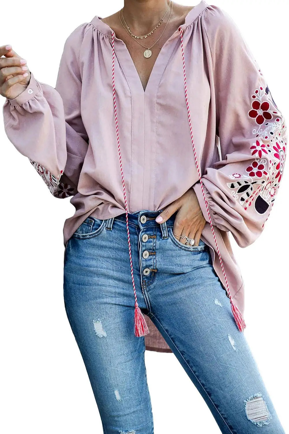 Зеленая/черная/синяя/Розовая Расслабляющая облегающая блузка с цветочной вышивкой в крестьянском стиле, Женская Повседневная Свободная Осенняя блузка с длинными рукавами - Цвет: Розовый