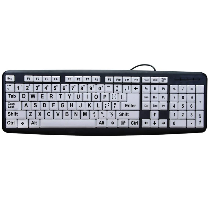 Большая Печатная компьютерная клавиатура с белыми клавишами и черными буквами для дефектов зрения