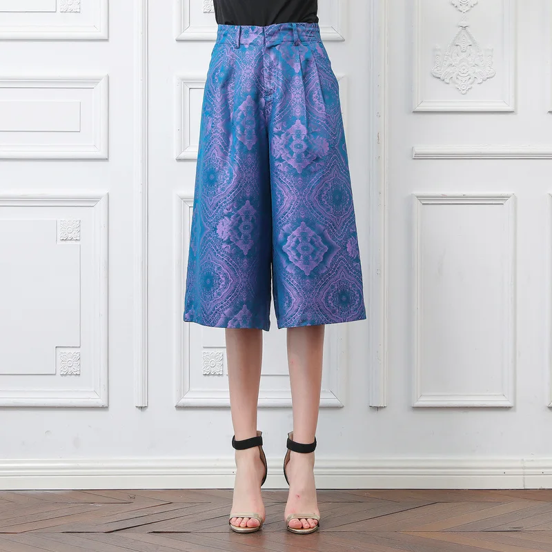 VOA satin gloss purple plaid silk mid-waist oblique bag seven-point wide-leg pants K3892