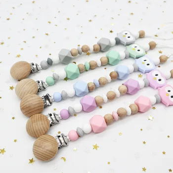 

BPA Free DIY Food Grade Sensory Teething Toys silicon and wood Cute Owl Baby Gel Teether pacifier clip