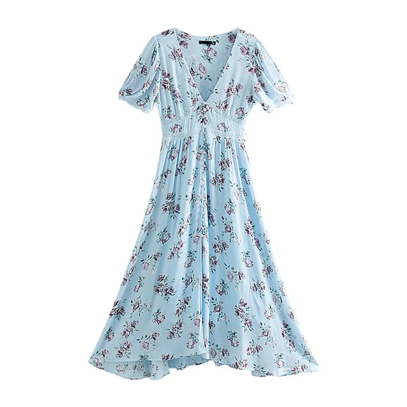 Женское винтажное платье макси с цветочным принтом кружевное пляжное v-образным