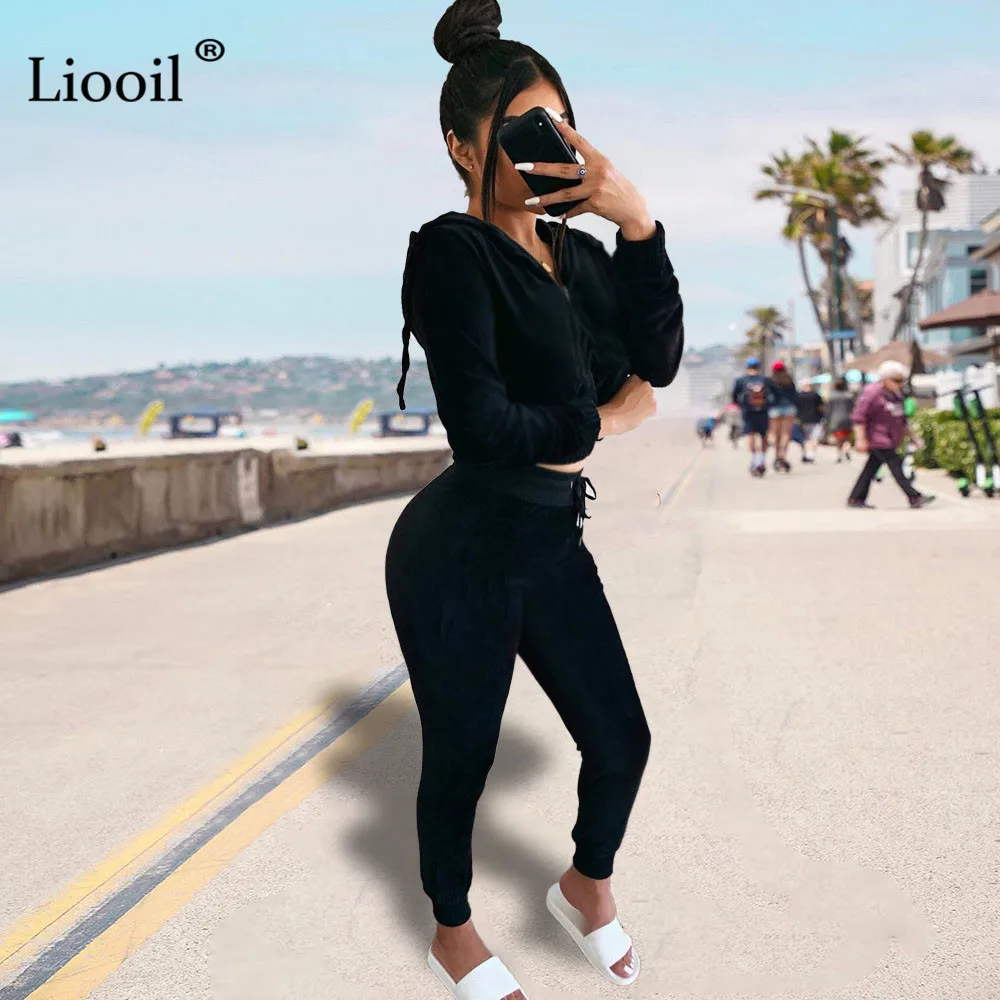 Liooil, комплект из двух предметов, с капюшоном, сексуальная Толстовка и спортивные штаны,, длинный рукав, на молнии, спортивный костюм, для женщин, для бега, костюм, подходящие наборы