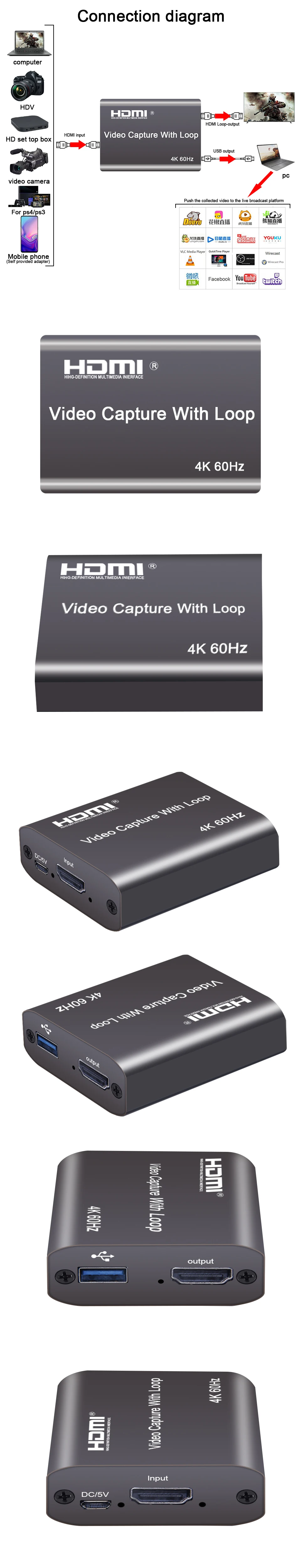 Description Picture 6 of item4K 60hz Loop Out HDMI Capture Card Audio Video Recording Plate Live Streaming USB 2.0 1080p 60HZ Grabber for PS4 Game DVD Camera