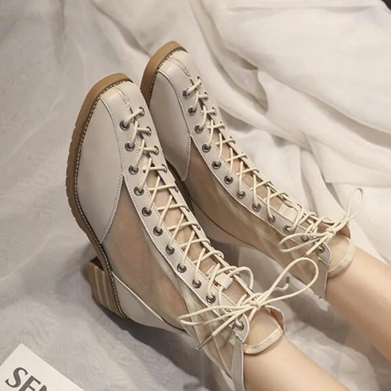 

LZJ Mid-calf Boots Women Sexy Lace-Up Woman Autumn Shoes Hollow Square Heels Booties Mesh Square Toe Zapatos De Mujer New 2020