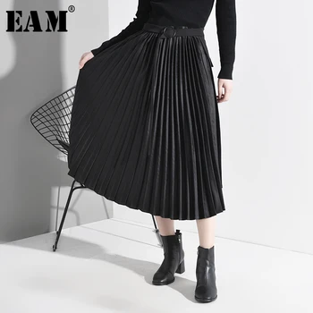 

[EAM] High Waist Black Asymmetrical Pleated Temperament Belt Half-body Skirt Women Fashion Tide New Spring Autumn 2020 A779