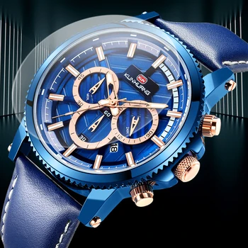 

Top Brand KUNHUANG Men Business Quartz Chronograph Watch Multifunction Leather Sports blue 3bar Waterproof Boy Watch