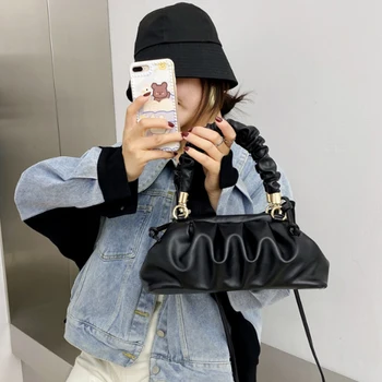 

Luxury Women Handbags Fashion Vintage Pleated Ruffle PU Leather Female Shoulder Bag Hand Bag