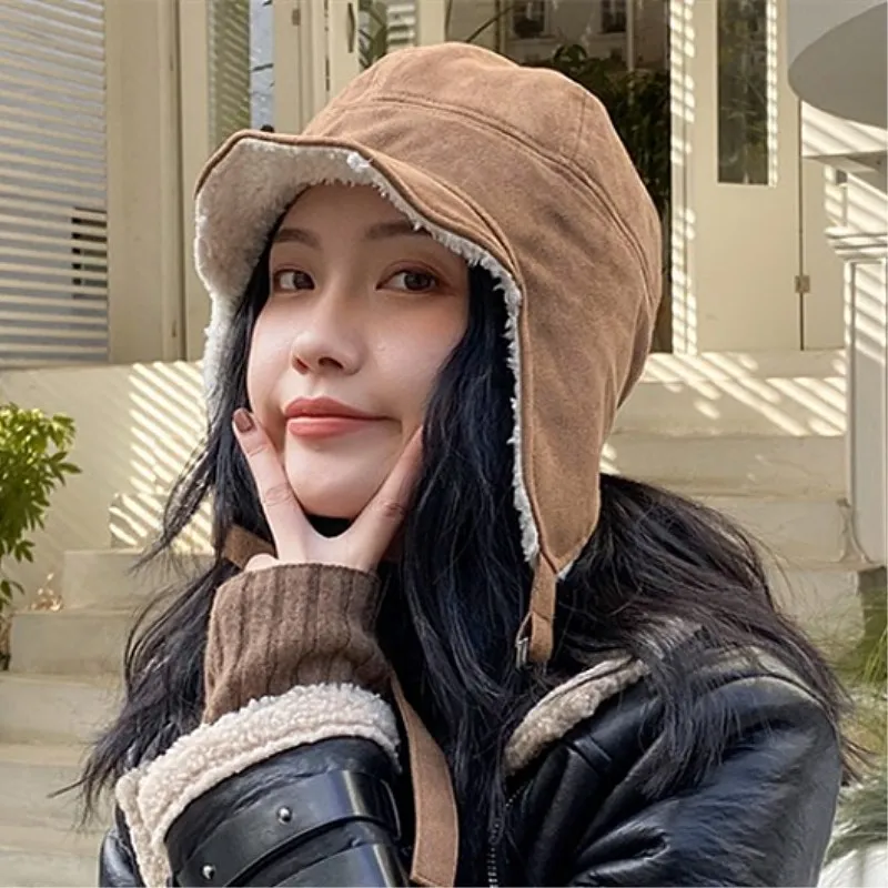 Warm Bomber Hats Women Suede Pilot 