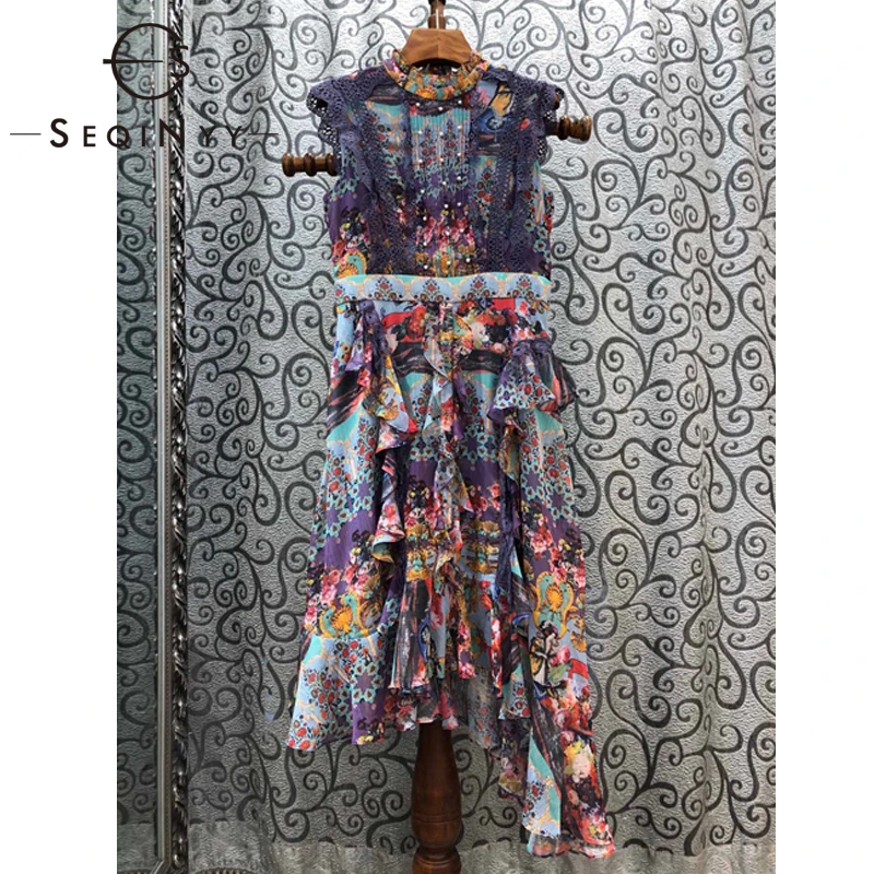 

SEQINYY Purple Dress 2020 Summer Spring New Fashion Design Women Sleeveless Flowers Print Beading Lace Ruffles Asymmetry Runway