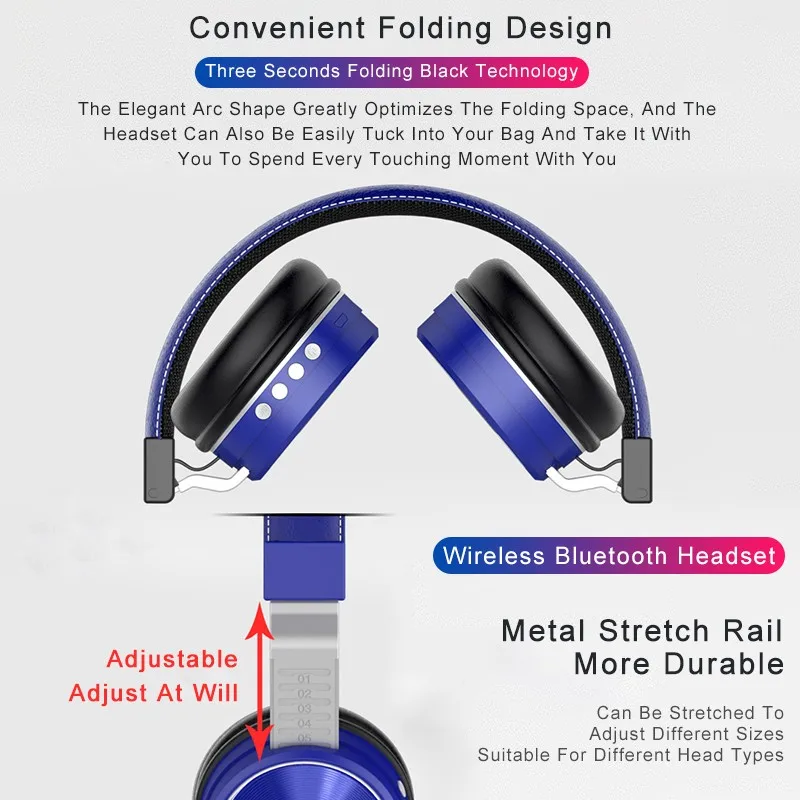 HM 02 Head mounted Earphone Bluetooth 5 0 Over Ear Adjustable Metal Stretch Rail Foldable Headphone USB Port Subwoofer Earbuds