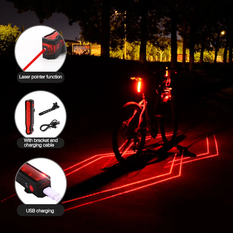 Складной велосипедный светильник, лазерный велосипедный светильник, USB Перезаряжаемый Предупреждение о безопасности, Ночная езда, высокая яркость, велосипедный фонарь, задний светильник