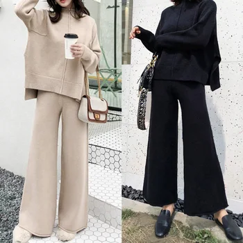

Korean New Knitted Pants Set turtleneck Autumn Winter Warm Women Solid Color Tracksuit Knitted Sweater Wide Leg Pants