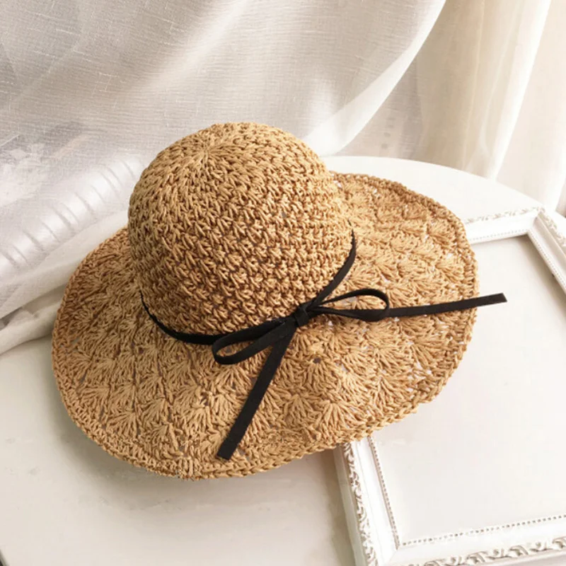 Складной солнцезащитный козырек Femme cap Женская соломенная шляпа Bowknot затенение от солнца Кепка с широкими полями для студентов