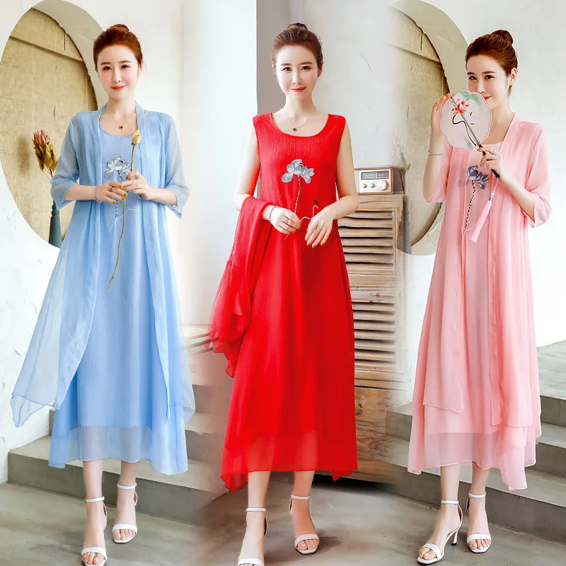 

Chinese-style Cotton Linen Dress 2019 Summer New Style Retro Embroidered Mid-length Loose-Fit Slimming Fairy Skirt