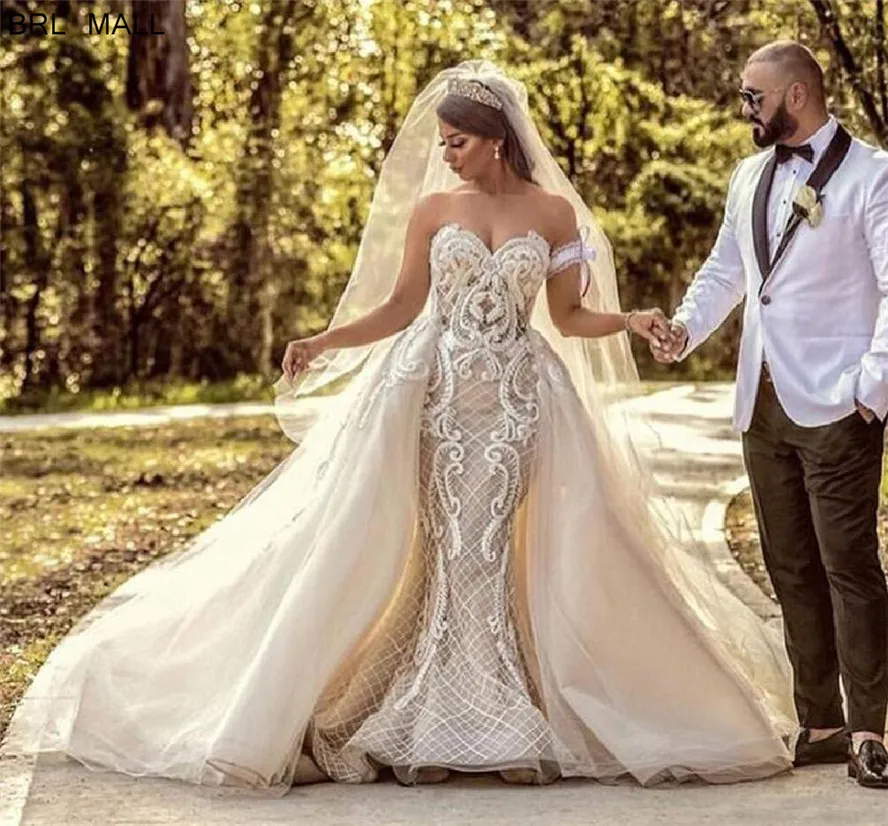 Robes de marieue великолепные жемчужные тюлевые Свадебные платья русалки со съемным шлейфом свадебное платье Vestido de novia Свадебные платья