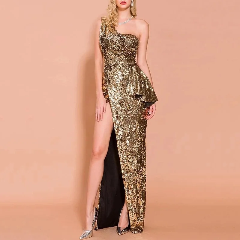 Pure Color Sexy Sequin Slit Long Skirt Shirred One-Shoulder Evening Dress
