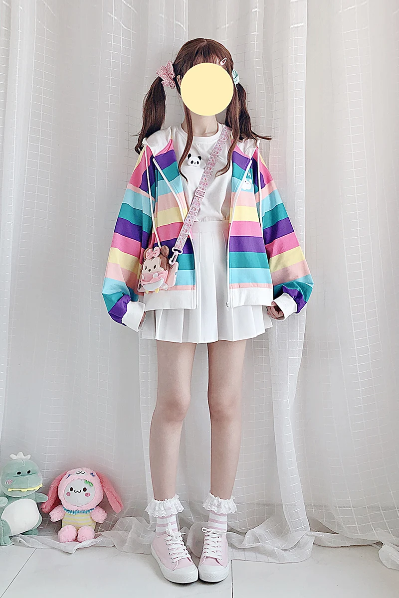 Японский Kawaii женские толстовки с капюшоном Кей-поп Харадзюку в радужную полоску толстовка на молнии пальто для девочек-подростков милые Цвет куртка с блоками