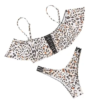 

Sexy Off Shoulder Leopard Brazilian Bikini Two Piece Thong Bathing suit Ruffle Bandage Swimsuit women Bandeau Swimwear Bodysuit