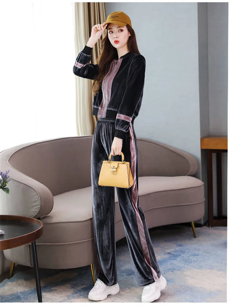 Ensemble Femme спортивная одежда из двух частей наборы бархатные женские модные размера плюс повседневные свободные бархатные спортивные костюмы для бега топы и брюки