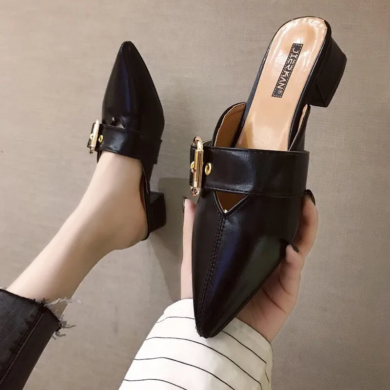New Women Sandals Summer Casual Mules Shoes PU Leather Fashion Slippers Ladies Square Heels Pointed Toe Buckle XLY | Обувь