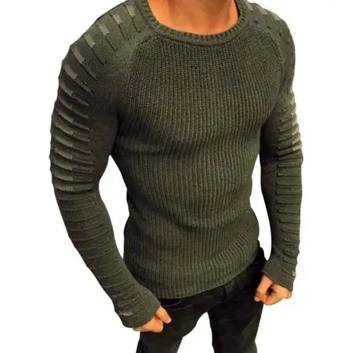 Мужской свитер с круглым вырезом, мужской модный свитер, мужской плиссированный свитер с круглым вырезом и длинным рукавом, вязаный пуловер, свитер - Цвет: Армейский зеленый