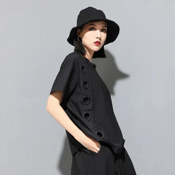 

2020 New Spring Summer Round Neck Short Sleeve Black Hollow Out Split Joint Big size T-shirt Women Fashion Tide