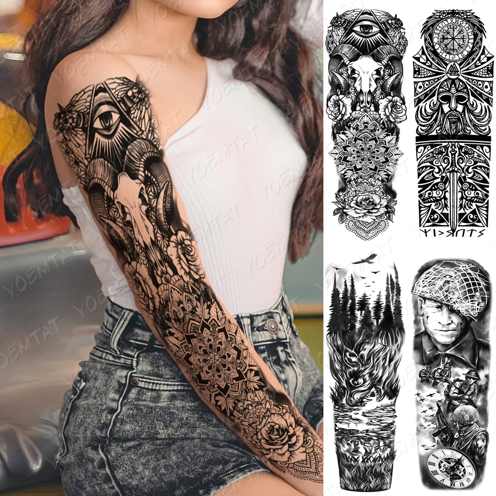 Waterproof Temporary Full Arm Tattoo Sticker Tribal Totem Compass Maori Skull Flash Tattoos Man Body Art Fake Sleeve Tatoo Women Temporary Tattoos Aliexpress