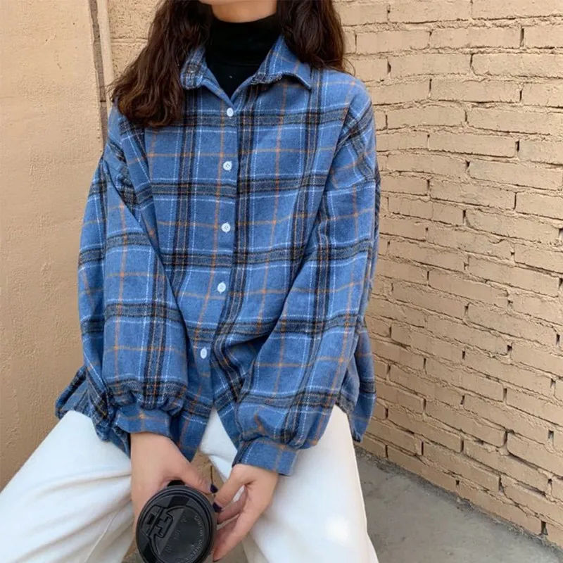 Muyogrt Women Shirt Plaid Oversized Brown Top Turn-down Collar Leisure Fashion Loose All-match Long Sleeves Soft Chic Korean Top