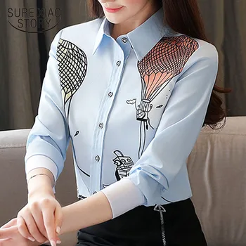 

Korean fashion clothing 2020 spring Button Cartoon Chiffon Square Collar OL women long sleeve shirts ladies tops clothes 8389 50