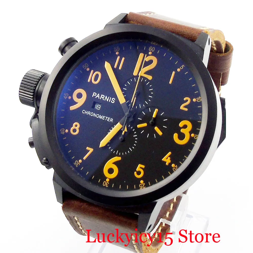 

Quartz Wristwatch PARNIS Brand Men Chronograph Watch Date Indicator PVD 50mm Plated Round Watch Case Brown Leather Strap