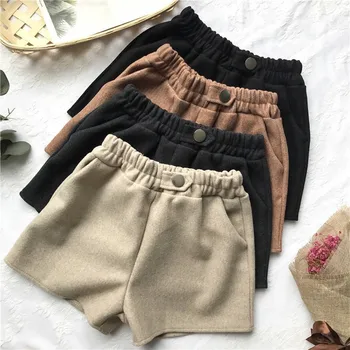 

New Casual High Waist Elegant Wild Shorts Women Woolen Shorts Pockets Autumn Winter Slim Wide Leg A-line Boots Shorts Bigsweety