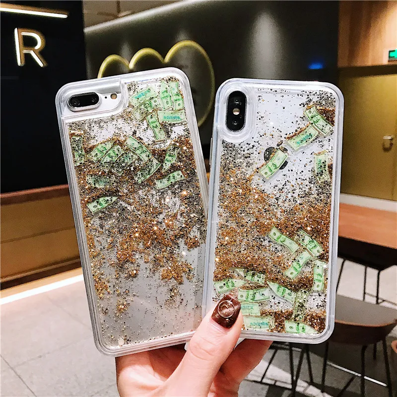 Glitter Liquid Quicksand Us Dollar Money Phone Case For iPhone XR X XS 6 6s 7 8 Plus Dynamic Transparent Cover | Мобильные телефоны
