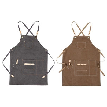 

2Pcs Bbq Canvas Apron Bib Chef Kitchen Apron for Women Men Barista Bartender Pockets - Dark Gray & Khaki