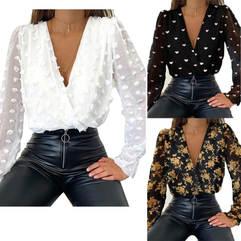 

Women Elegant Floral Printed Blouse Spring Autumn 2023 Sexy Deep V-Neck Long Sleeve Loose Pullover Chiffon Shirt Female Clothing